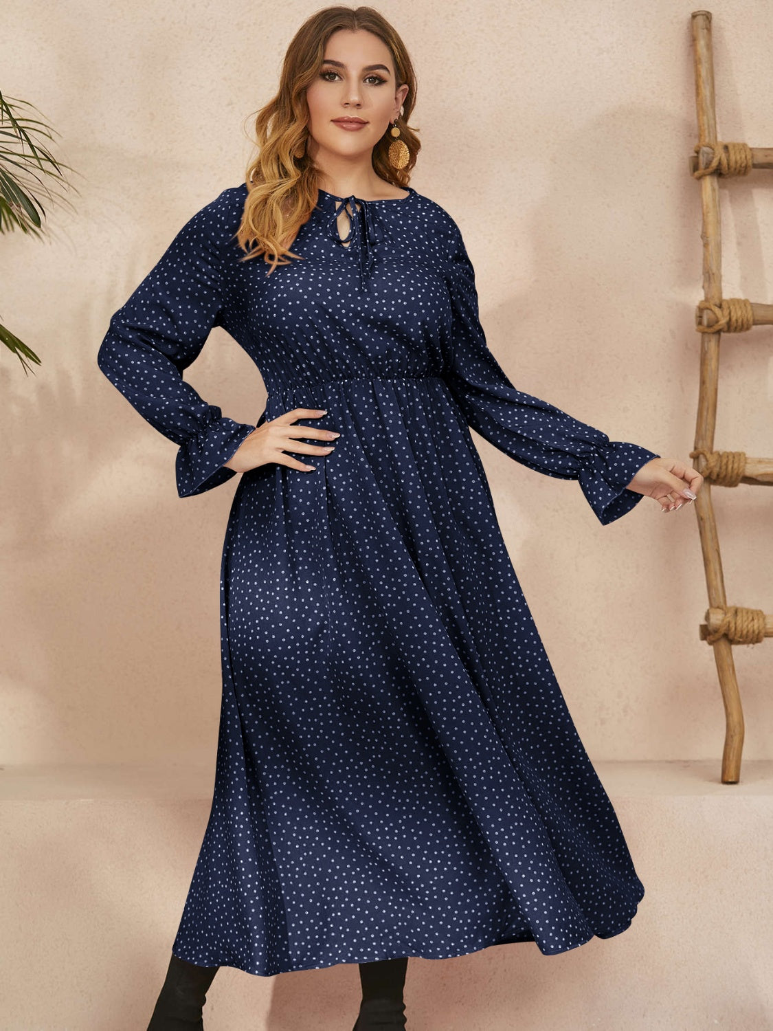 Plus Size Ruffled Polka Dot Long Sleeve Midi Dress