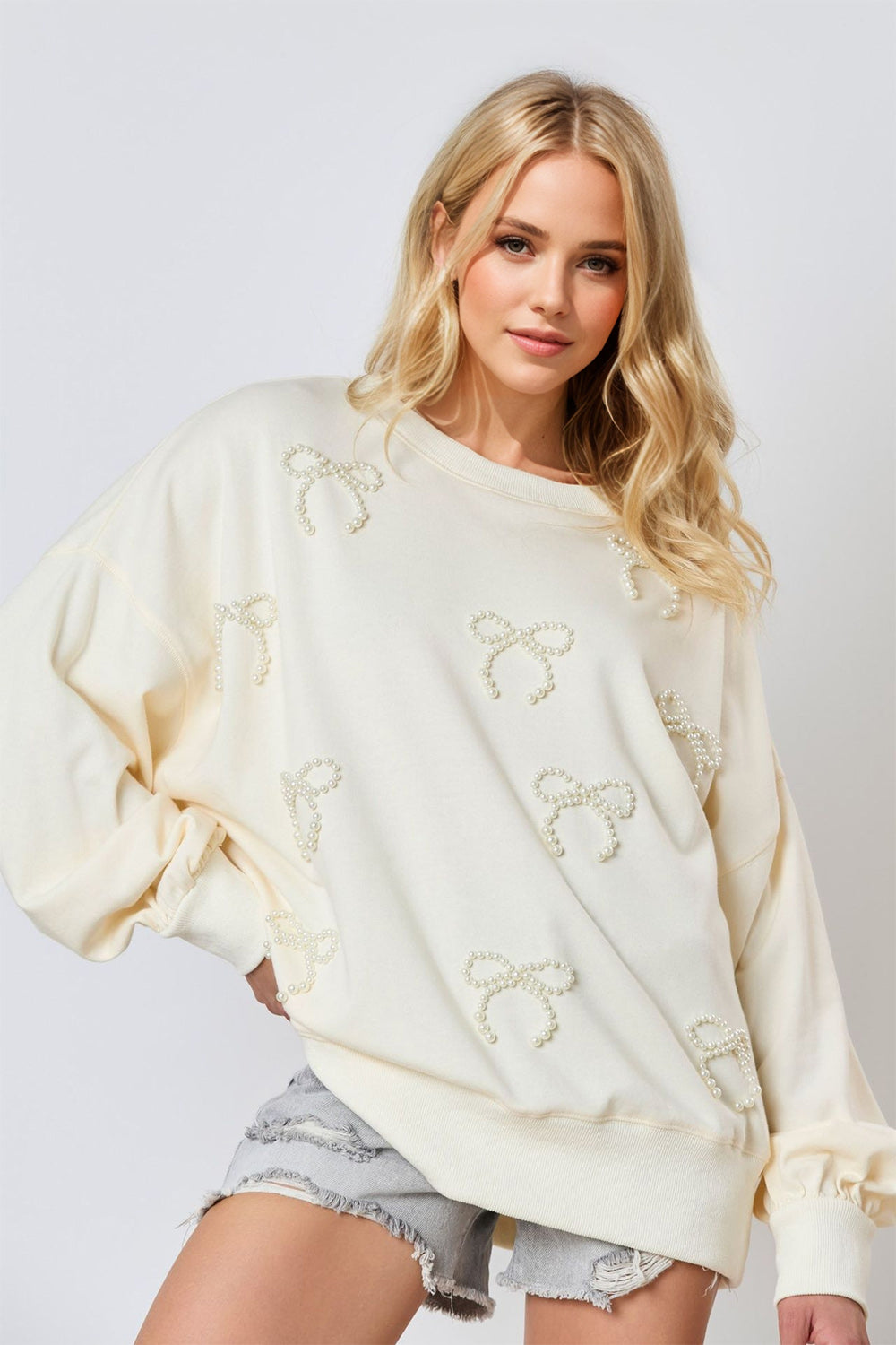 Pearl Bow Round Neck Dropped Shoulder Sweatshirt