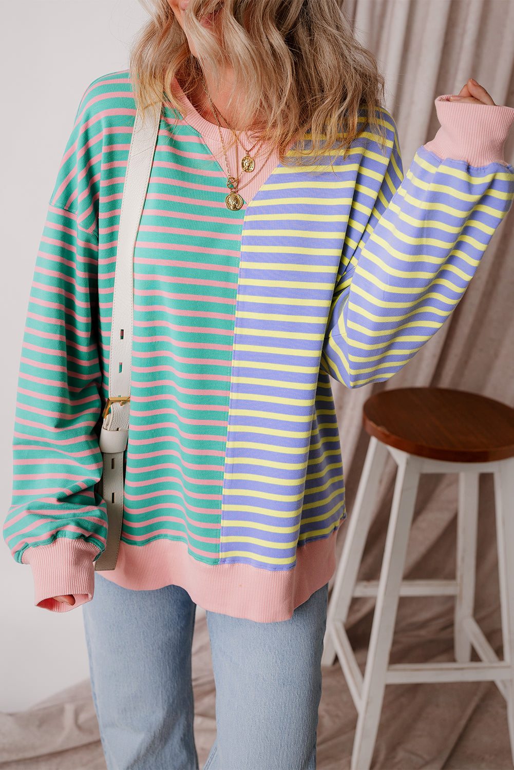 Green Stripe Casual Stripe Colorblock Drop Shoulder Oversize Sweatshirt