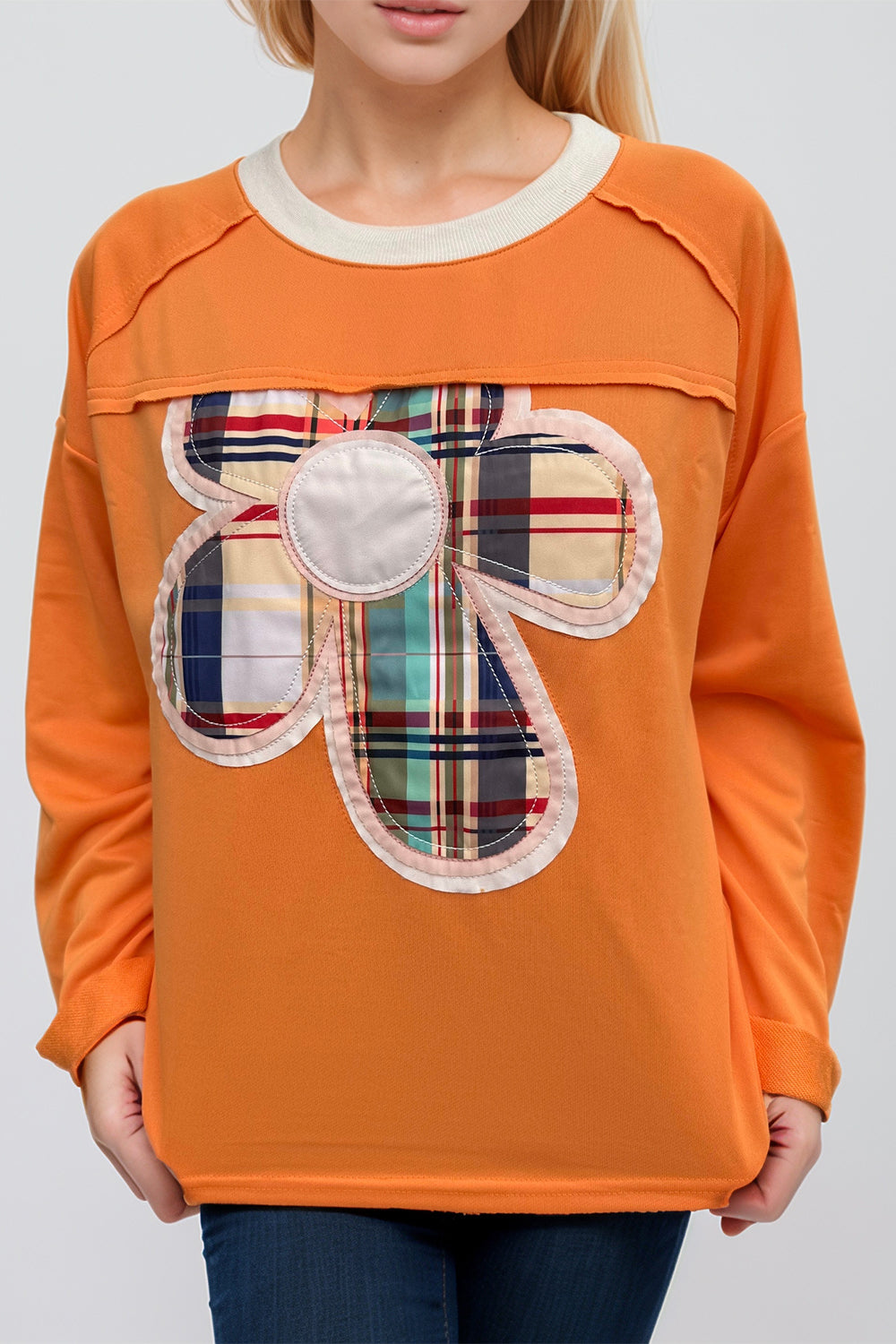 Flower Patch Plaid Round Neck Long Sleeve T-Shirt