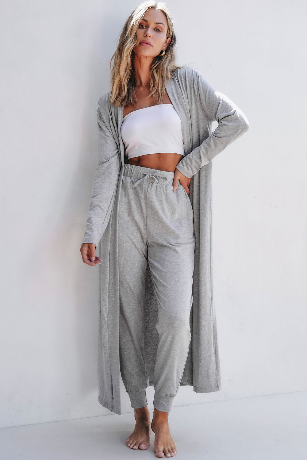 Parchment Split Long Cardigan and Skinny Pants Lounge Set