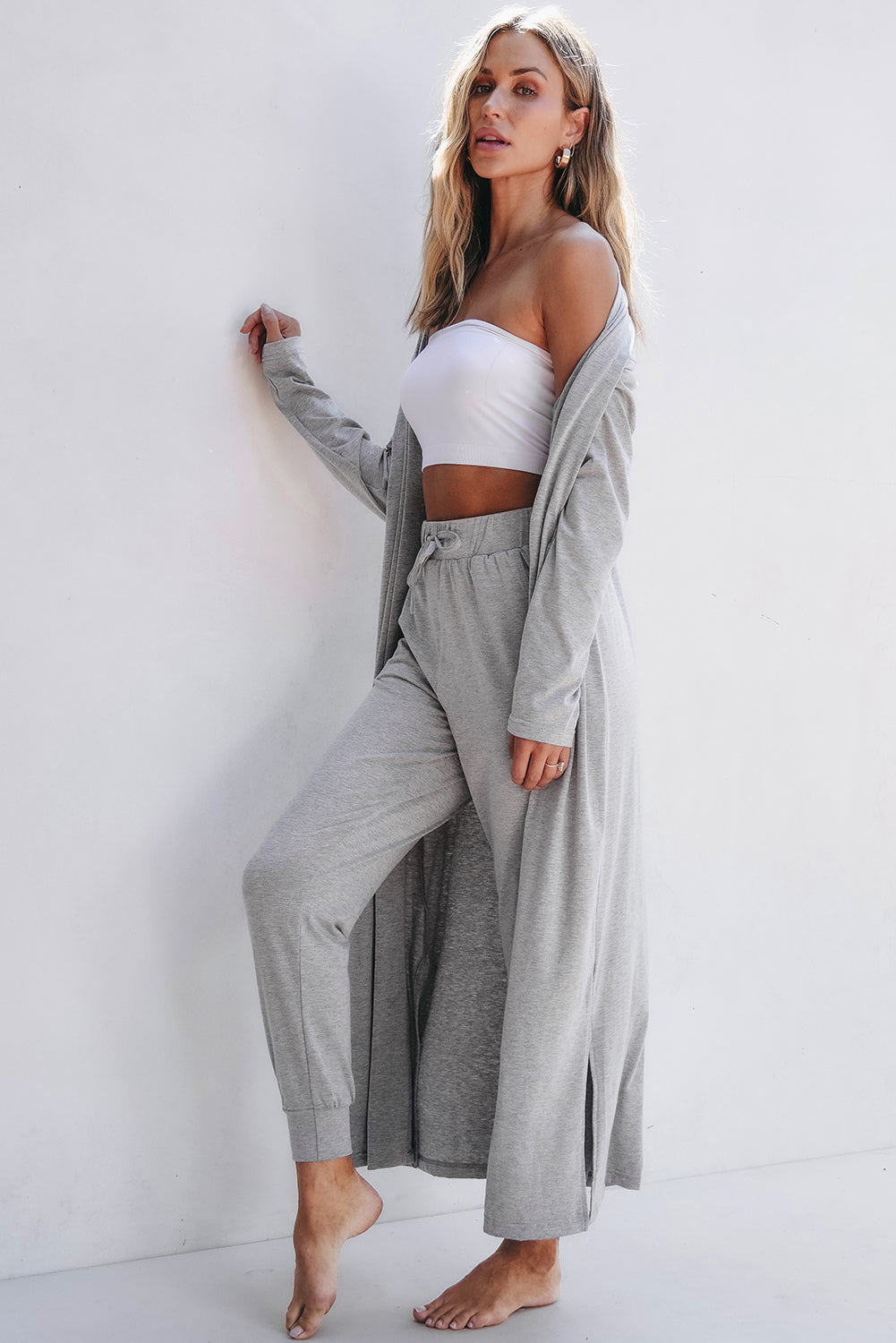 Parchment Split Long Cardigan and Skinny Pants Lounge Set