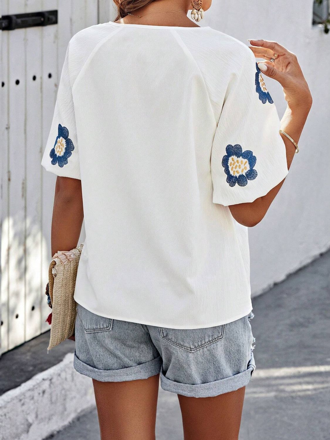 Embroidered Tie Neck Puff Sleeve Blouse