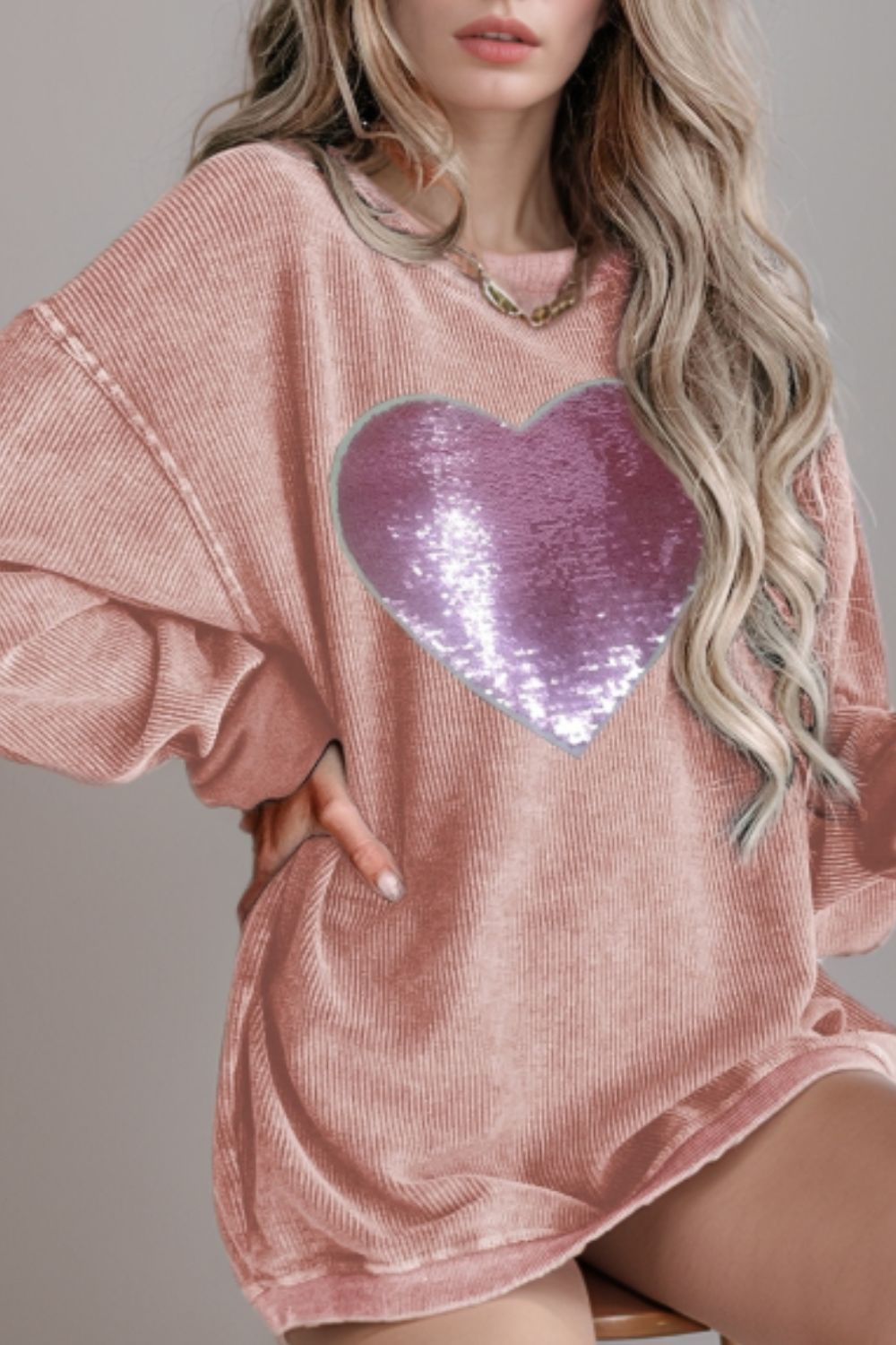 Valentine’s Day Sequin Heart Round Neck Long Sleeve Sweatshirt