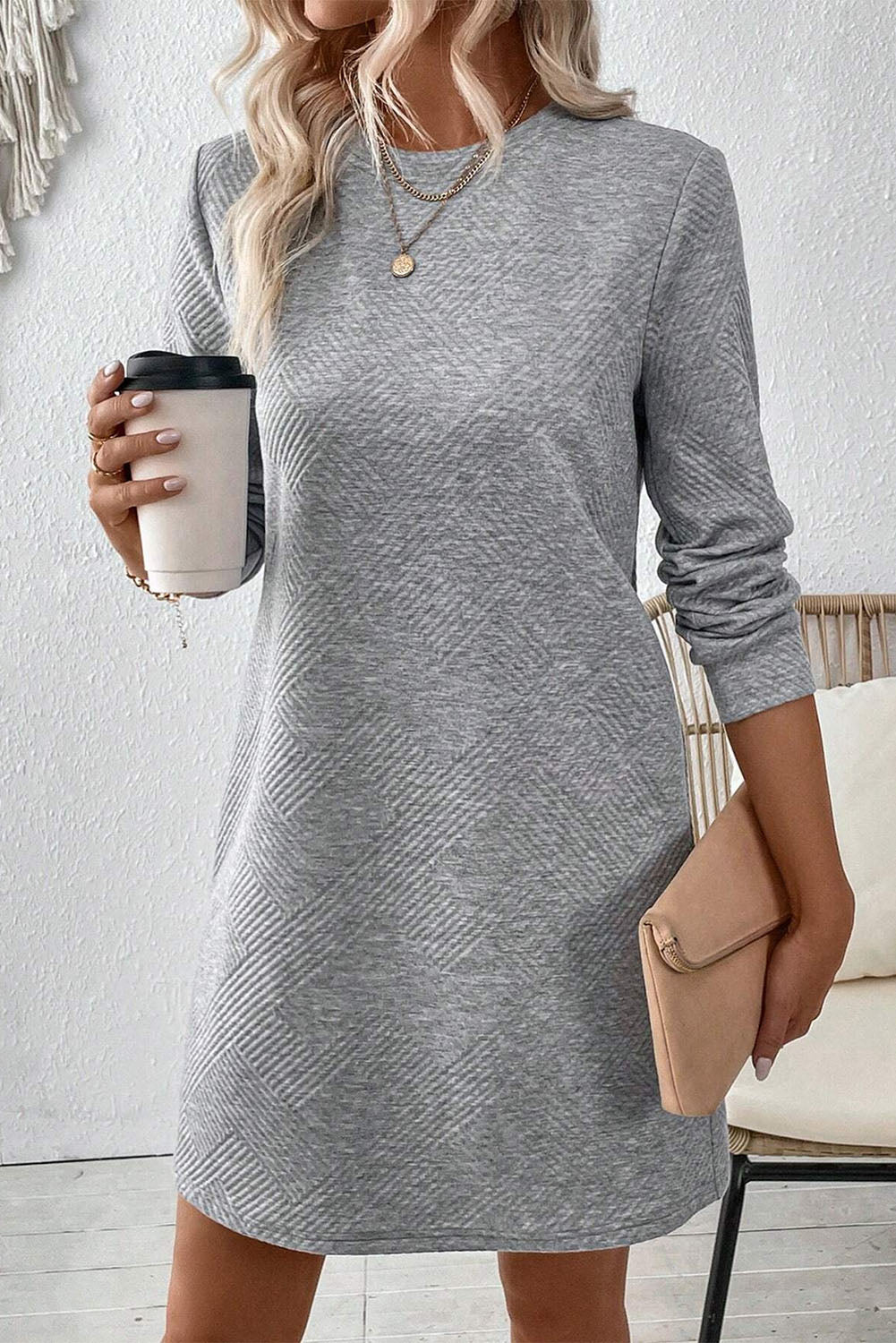 Apricot Solid Color Textured Long Sleeve Shift Dress