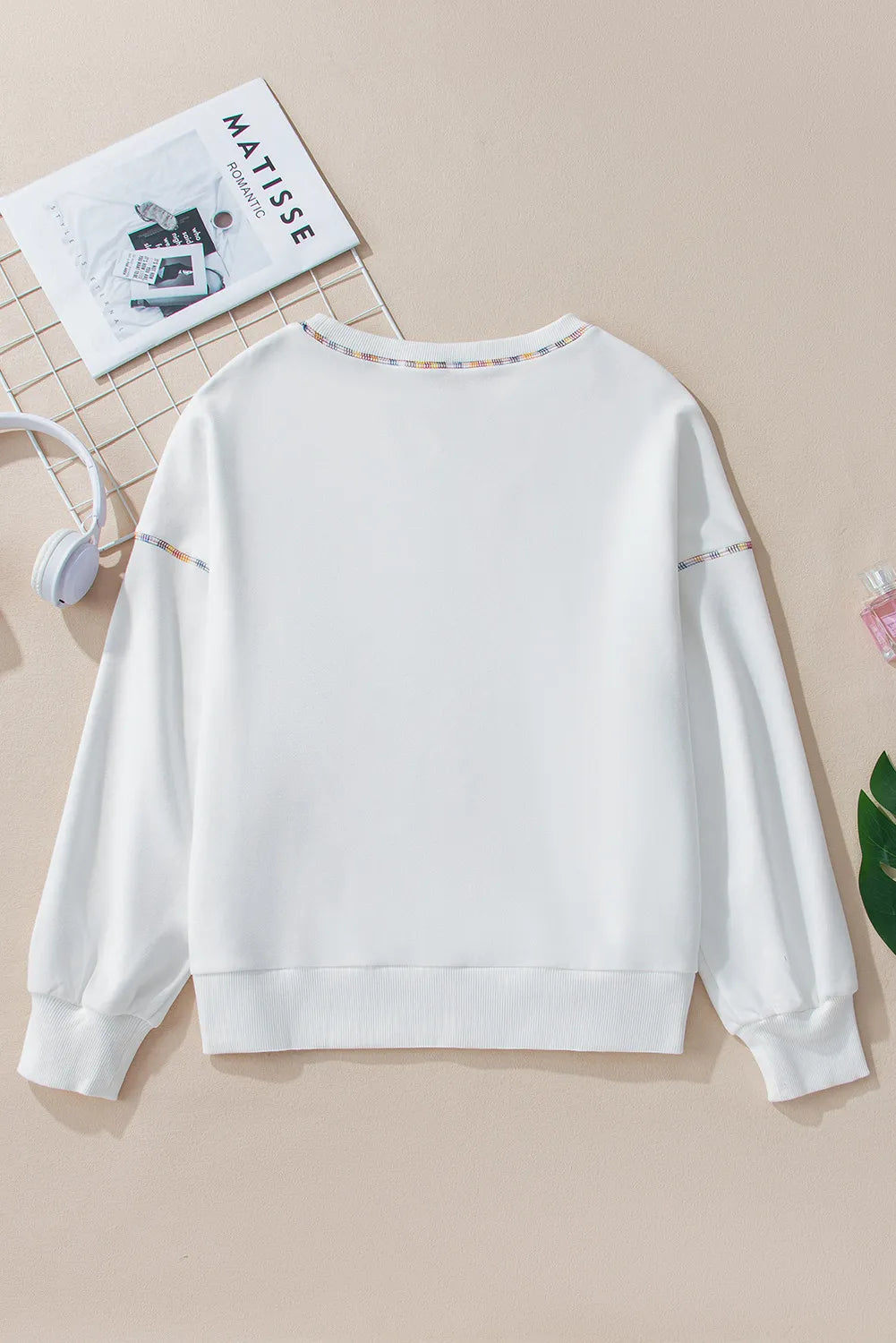 Rainbow Trim Round Neck Long Sleeve Sweatshirt