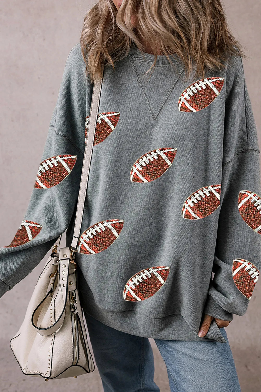 Sequin Football Round Neck Long Sleeve Sweatshirt