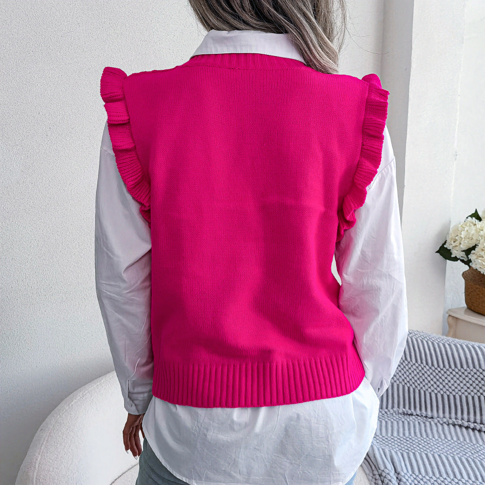 Ruffle Shoulder Ribbed Trim Sweater Vest