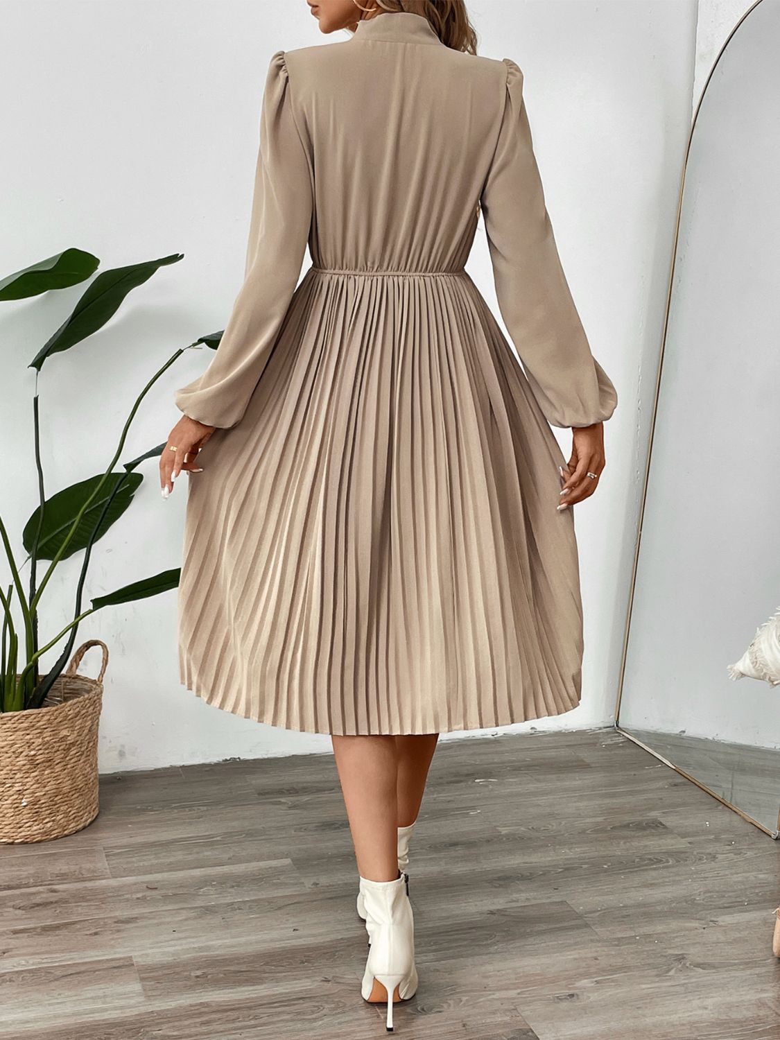 Perfee Pleated Tie Neck Long Sleeve Dress