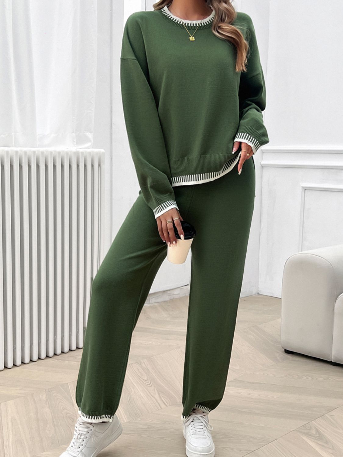 Round Neck Dropped Shoulder Top and Pants Sweater Set