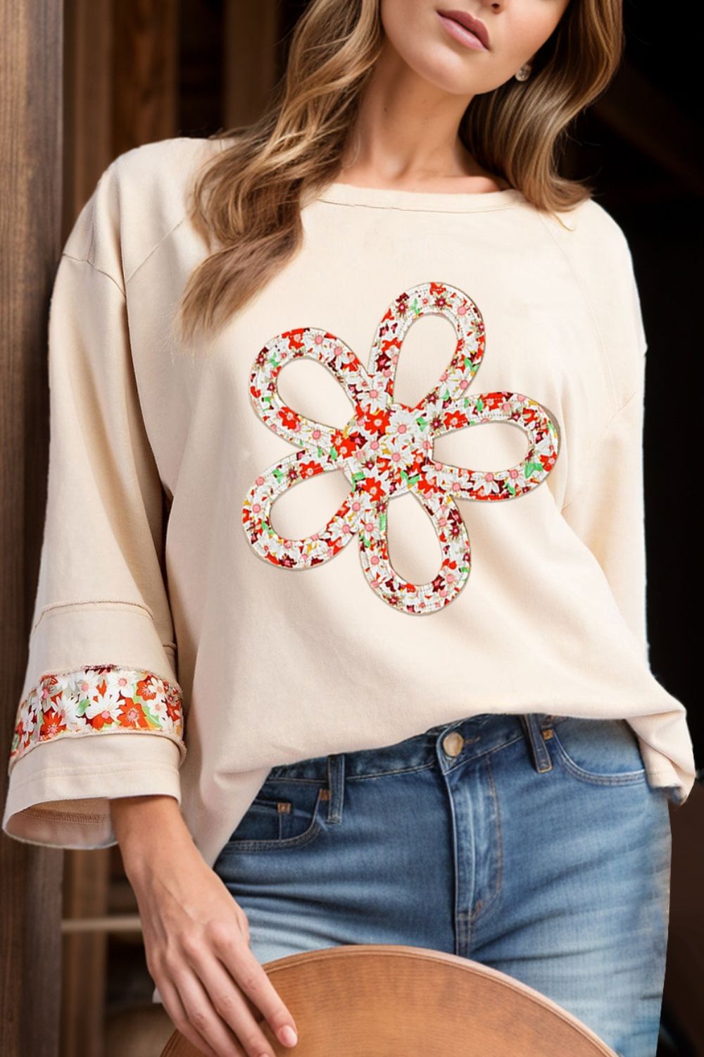 Exposed Seam Slit Floral Round Neck Blouse