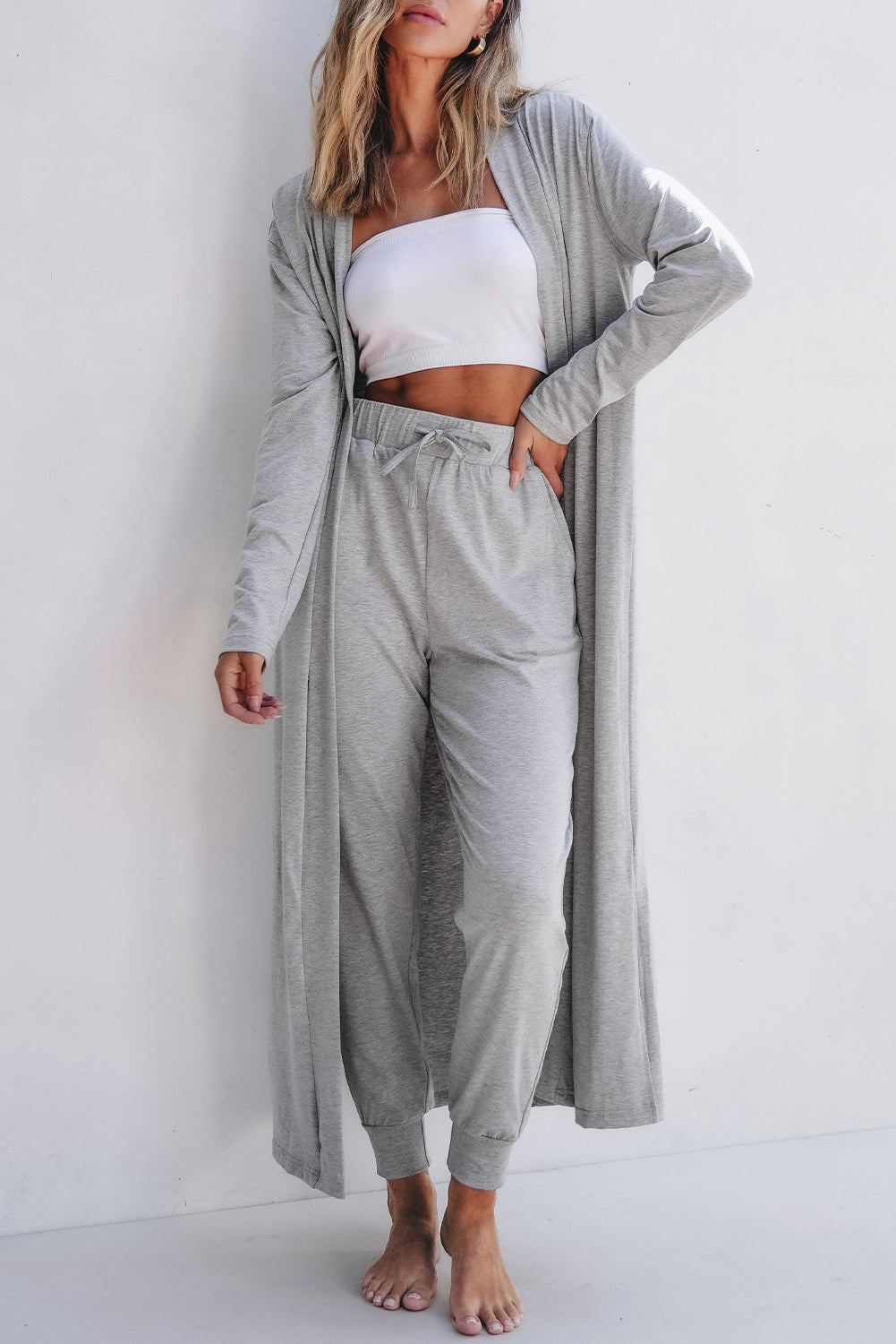 Parchment Split Long Cardigan and Skinny Pants Lounge Set