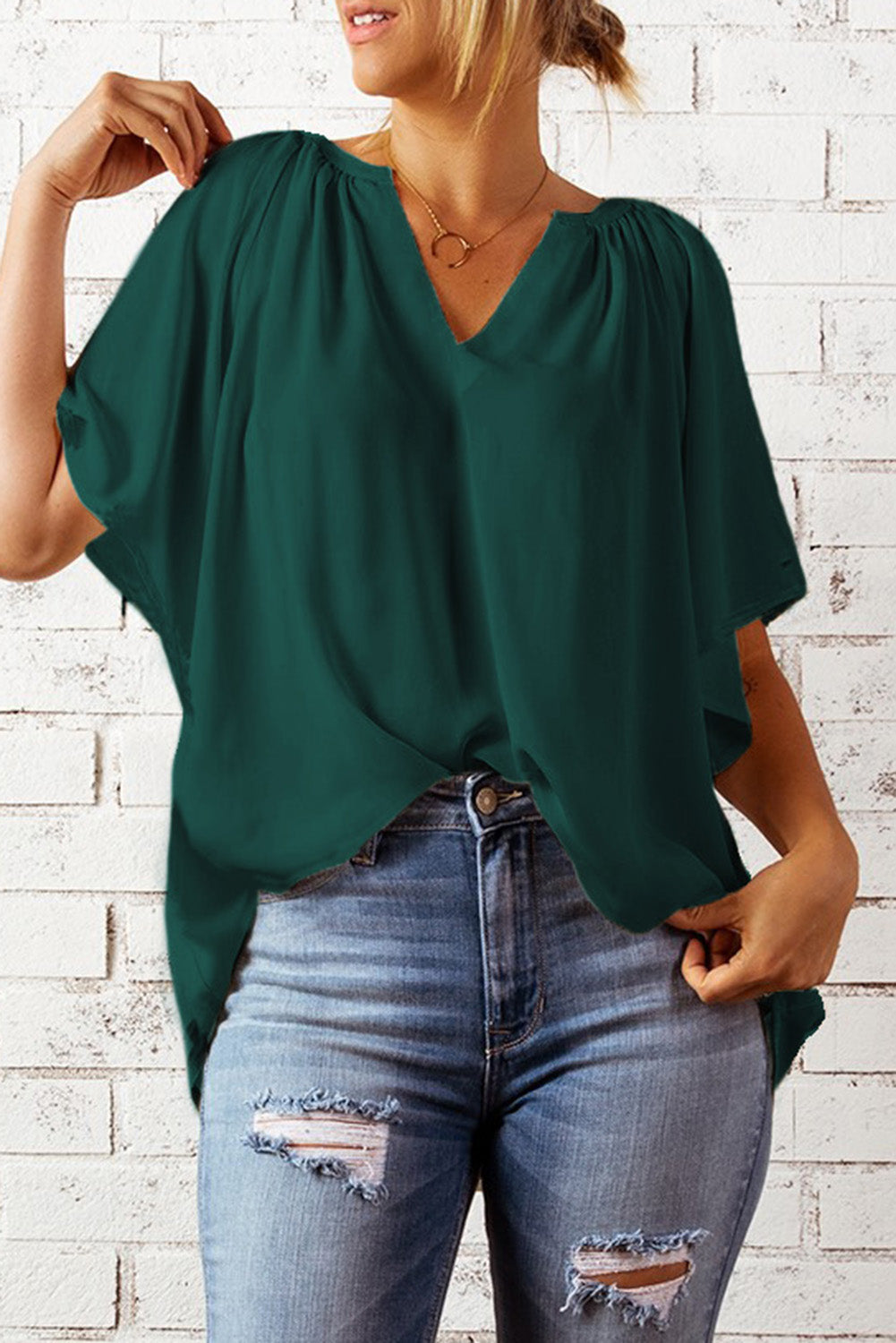 Gathered Detail Notched Neck Flutter Sleeve Top