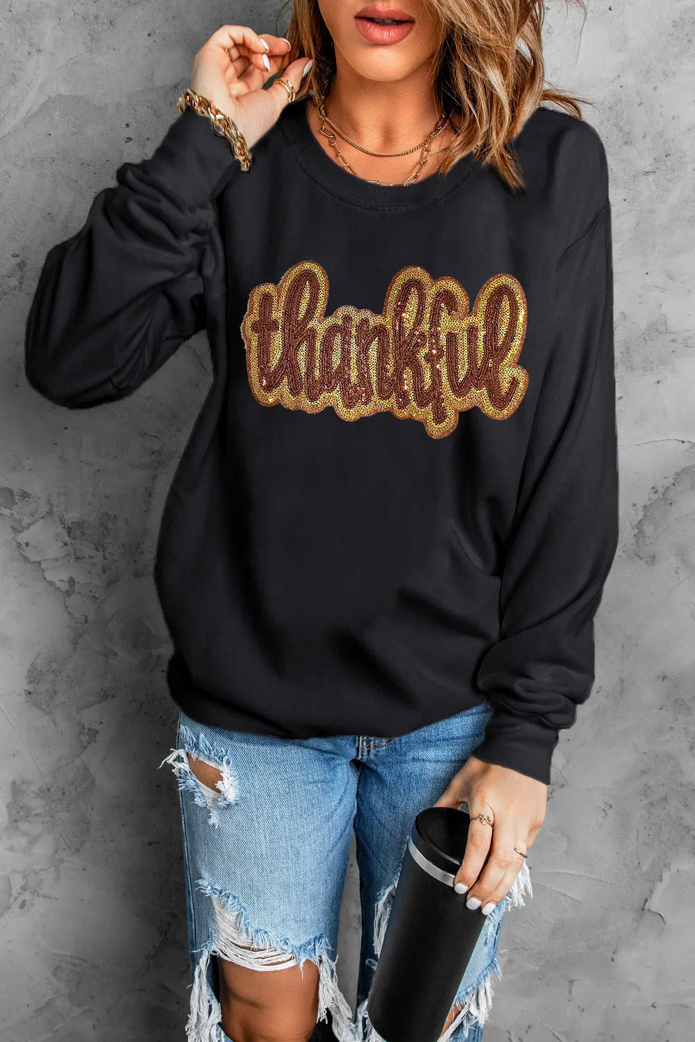 THANKFUL Round Neck Long Sleeve Sweatshirt